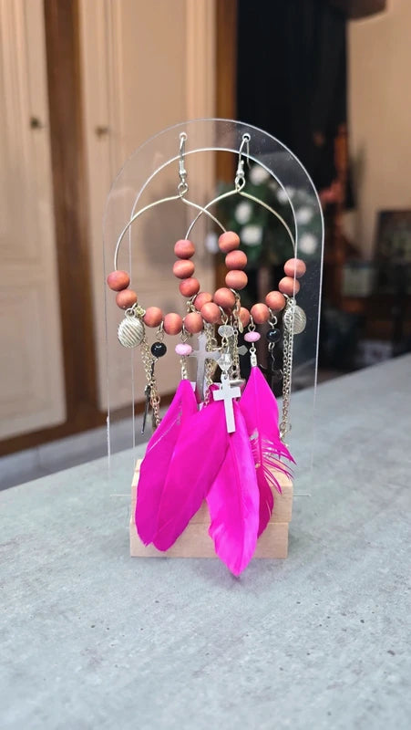 boucles d'oreilles créole - neuf - doré rose fuchsia argenté - plumes croix chaine perles - pendantes légères