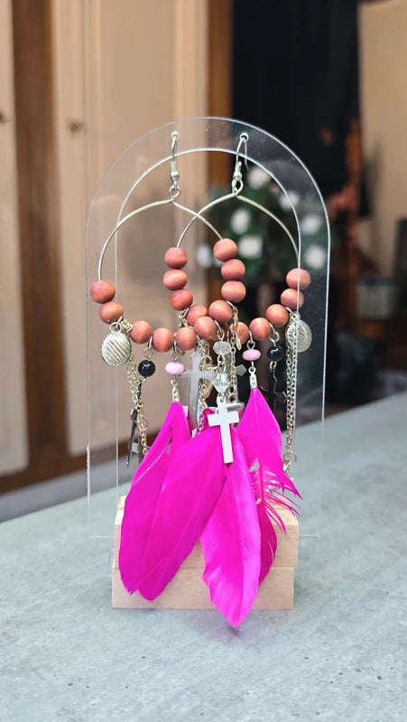 boucles d'oreilles créole - neuf - doré rose fuchsia argenté - plumes croix chaine perles - pendantes légères