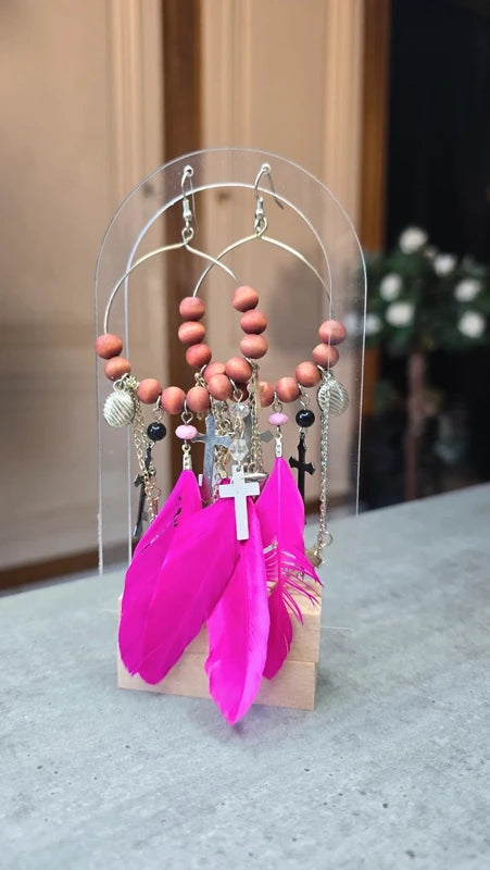 boucles d'oreilles créole - neuf - doré rose fuchsia argenté - plumes croix chaine perles - pendantes légères