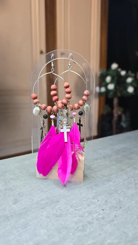 boucles d'oreilles créole - neuf - doré rose fuchsia argenté - plumes croix chaine perles - pendantes légères