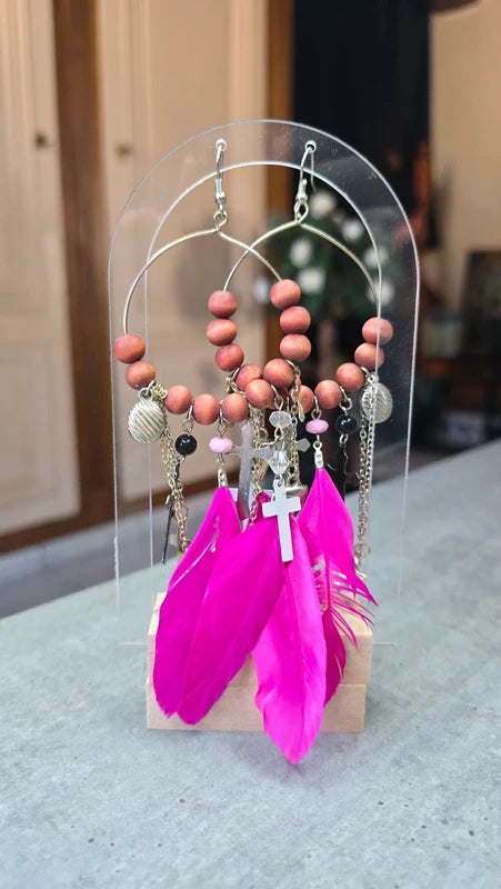 boucles d'oreilles créole - neuf - doré rose fuchsia argenté - plumes croix chaine perles - pendantes légères