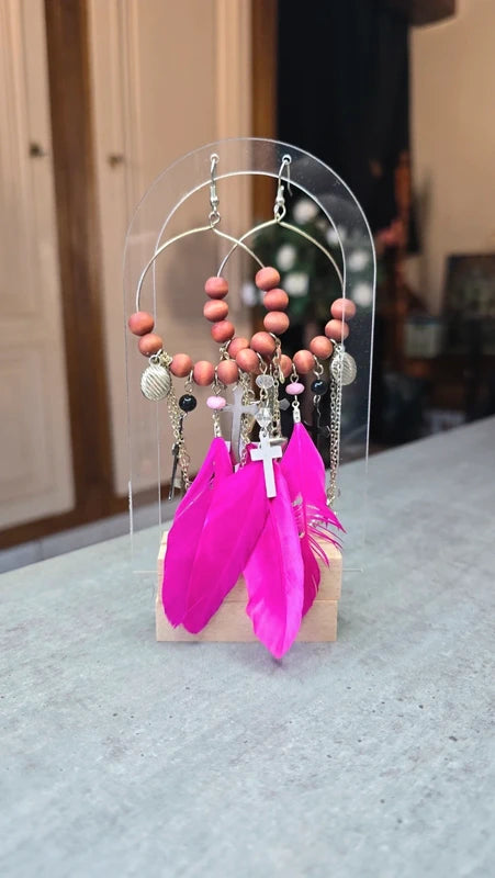 boucles d'oreilles créole - neuf - doré rose fuchsia argenté - plumes croix chaine perles - pendantes légères