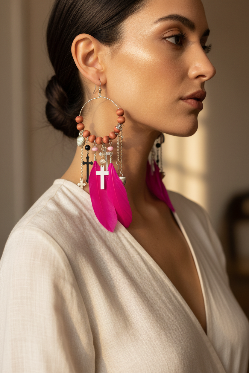 boucles d'oreilles créole - neuf - doré rose fuchsia argenté - plumes croix chaine perles - pendantes légères