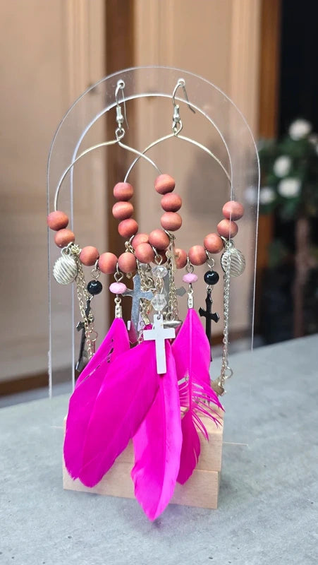 boucles d'oreilles créole - neuf - doré rose fuchsia argenté - plumes croix chaine perles - pendantes légères