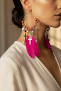 boucles d'oreilles créole - neuf - doré rose fuchsia argenté - plumes croix chaine perles - pendantes légères