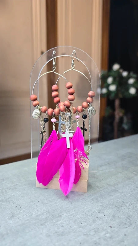 boucles d'oreilles créole - neuf - doré rose fuchsia argenté - plumes croix chaine perles - pendantes légères