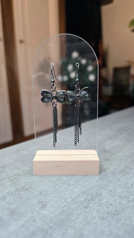 boucles d'oreilles vintage - neuf - y2k années 2000 - double noeud noir pampilles chaines - chic élégante pendante légère
