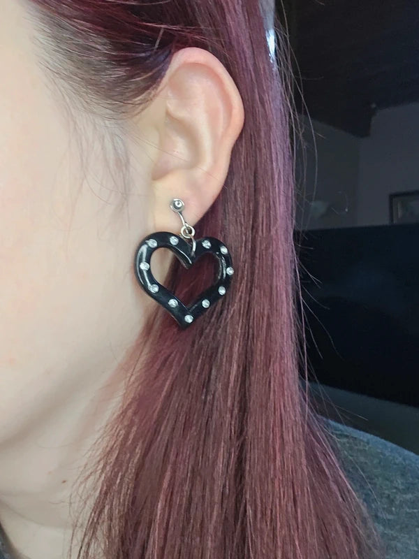 boucles d'oreilles vintage - neuf - Y2K années 2000 - à clips - coeur noir strass argenté - légère pendante rétro cute
