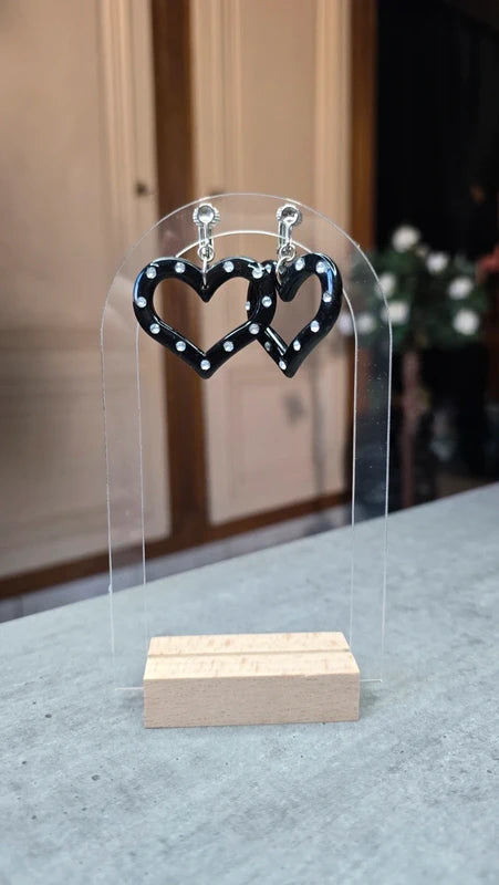 boucles d'oreilles vintage - neuf - Y2K années 2000 - à clips - coeur noir strass argenté - légère pendante rétro cute
