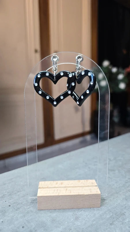 boucles d'oreilles vintage - neuf - Y2K années 2000 - à clips - coeur noir strass argenté - légère pendante rétro cute