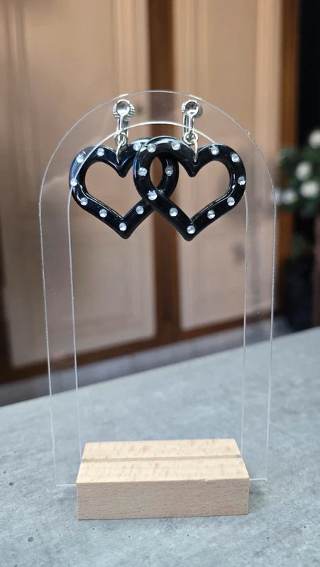 boucles d'oreilles vintage - neuf - Y2K années 2000 - à clips - coeur noir strass argenté - légère pendante rétro cute