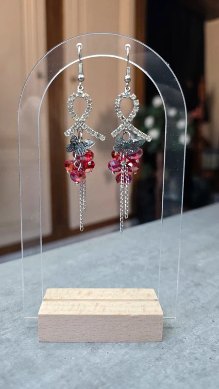 boucles d'oreilles vintage - Y2K années 2000 - noeud strass perle facette papillon - argenté rouge noir - légère chic