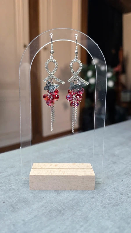 boucles d'oreilles vintage - Y2K années 2000 - noeud strass perle facette papillon - argenté rouge noir - légère chic