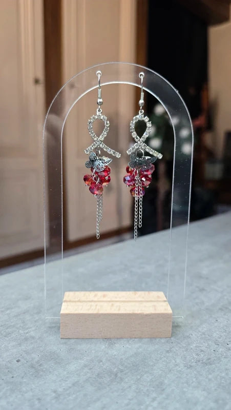 boucles d'oreilles vintage - Y2K années 2000 - noeud strass perle facette papillon - argenté rouge noir - légère chic
