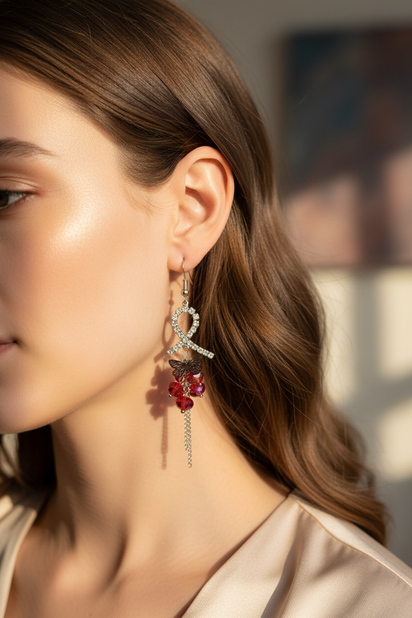 boucles d'oreilles vintage - Y2K années 2000 - noeud strass perle facette papillon - argenté rouge noir - légère chic