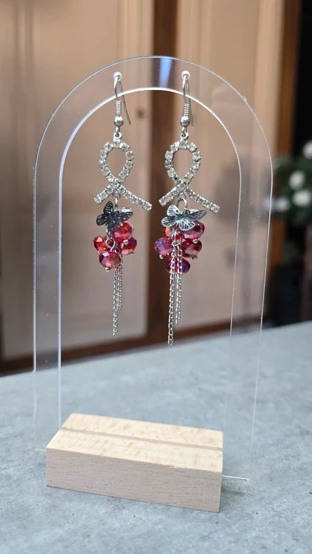 boucles d'oreilles vintage - Y2K années 2000 - noeud strass perle facette papillon - argenté rouge noir - légère chic