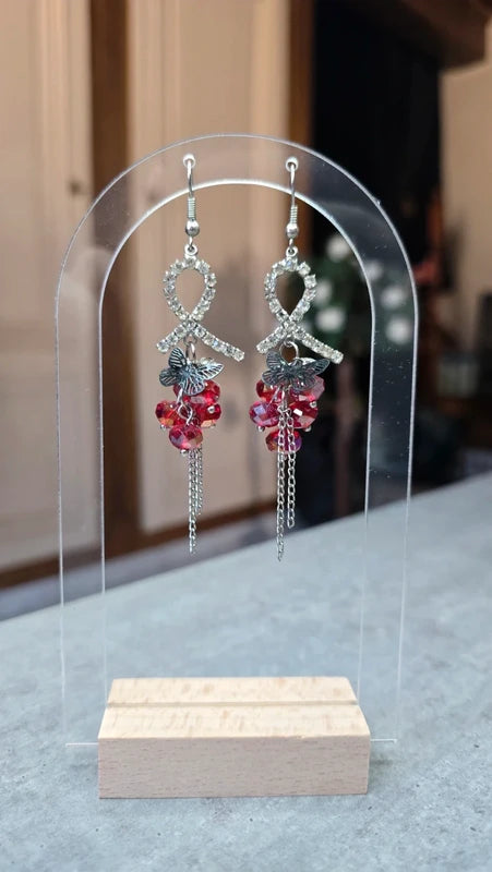 boucles d'oreilles vintage - Y2K années 2000 - noeud strass perle facette papillon - argenté rouge noir - légère chic