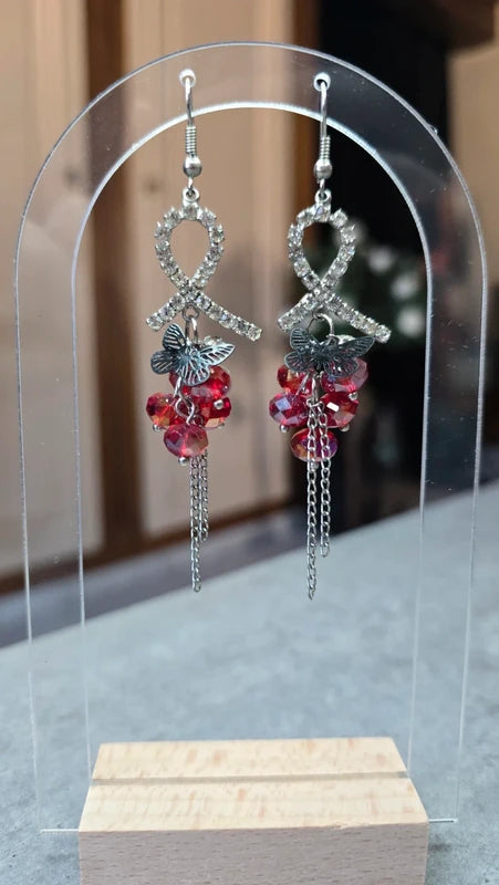 boucles d'oreilles vintage - Y2K années 2000 - noeud strass perle facette papillon - argenté rouge noir - légère chic