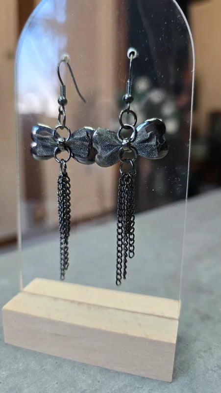 boucles d'oreilles vintage - neuf - y2k années 2000 - double noeud noir pampilles chaines - chic élégante pendante légère