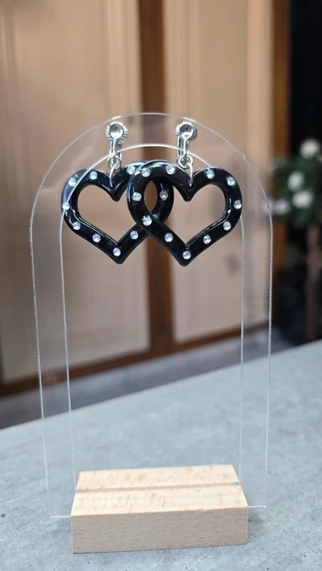 boucles d'oreilles vintage - neuf - Y2K années 2000 - à clips - coeur noir strass argenté - légère pendante rétro cute