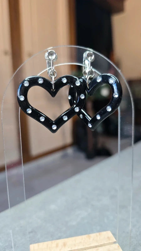 boucles d'oreilles vintage - neuf - Y2K années 2000 - à clips - coeur noir strass argenté - légère pendante rétro cute