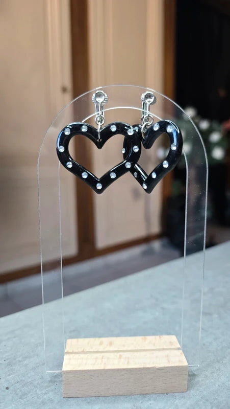 boucles d'oreilles vintage - neuf - Y2K années 2000 - à clips - coeur noir strass argenté - légère pendante rétro cute