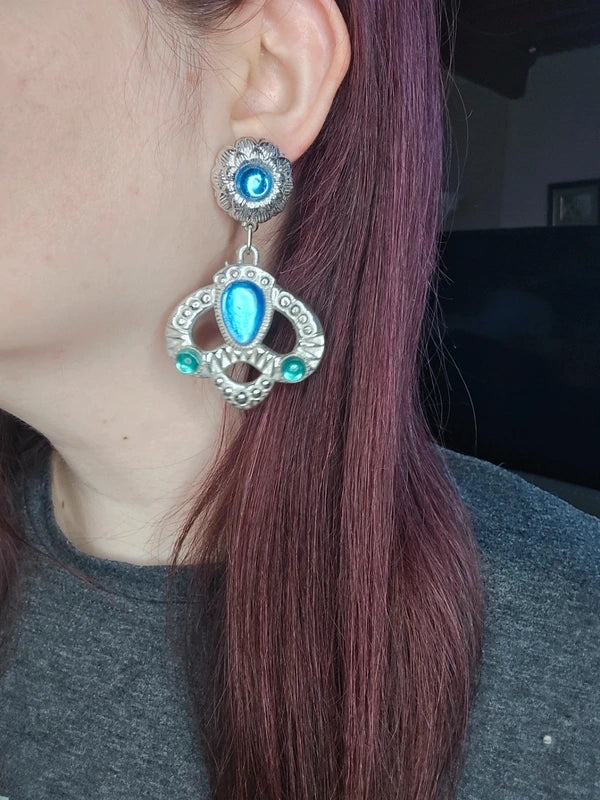 boucles d'oreilles vintage années 80 - rare - neuf - argenté bleu vert - effet princesse couronne fleurs - chic élégant légère