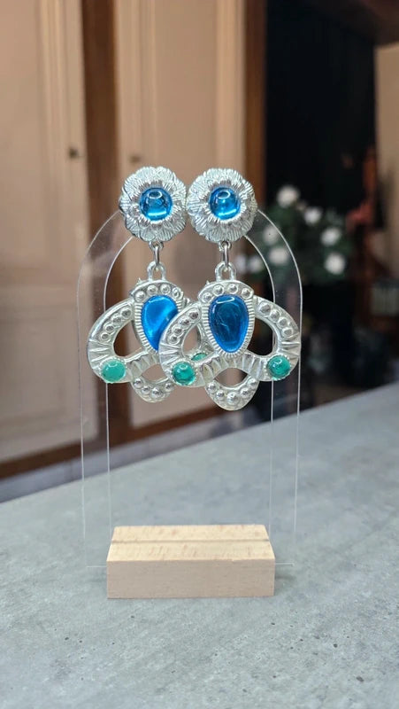 boucles d'oreilles vintage années 80 - rare - neuf - argenté bleu vert - effet princesse couronne fleurs - chic élégant légère
