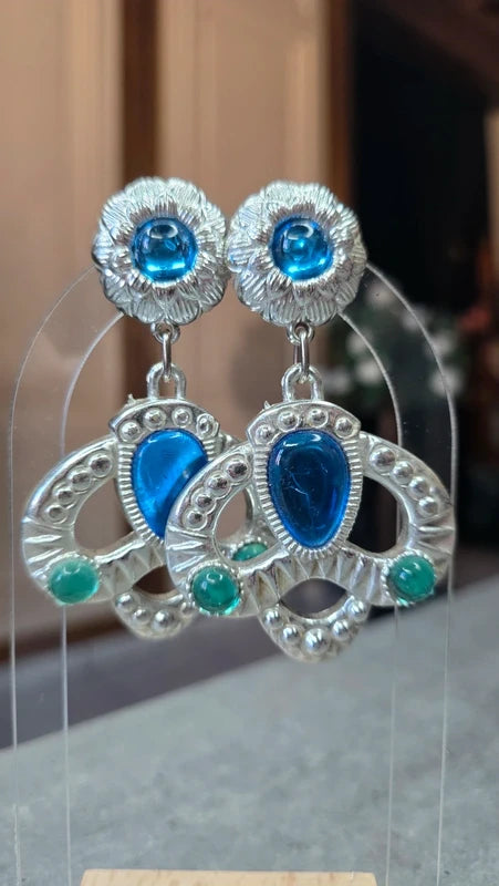 boucles d'oreilles vintage années 80 - rare - neuf - argenté bleu vert - effet princesse couronne fleurs - chic élégant légère