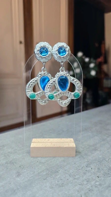 boucles d'oreilles vintage années 80 - rare - neuf - argenté bleu vert - effet princesse couronne fleurs - chic élégant légère