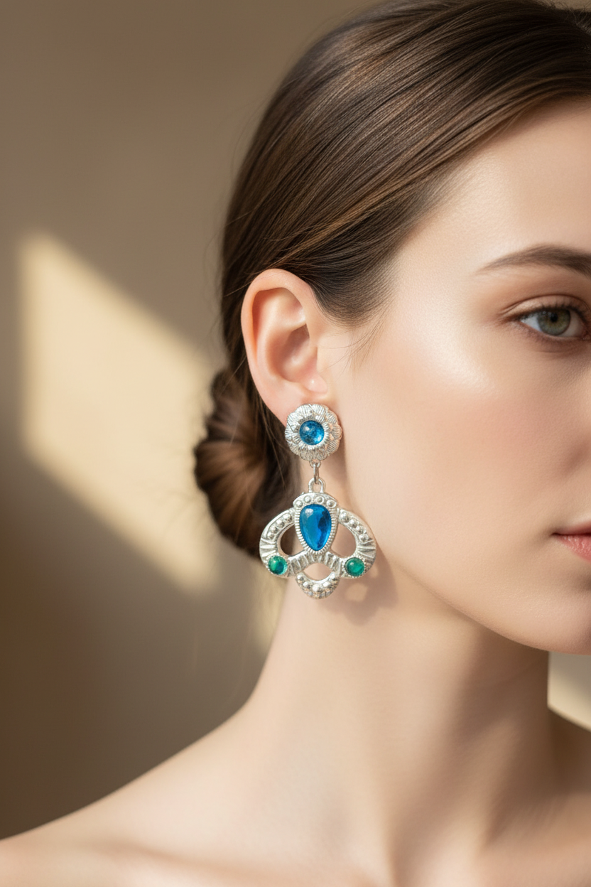 boucles d'oreilles vintage années 80 - rare - neuf - argenté bleu vert - effet princesse couronne fleurs - chic élégant légère