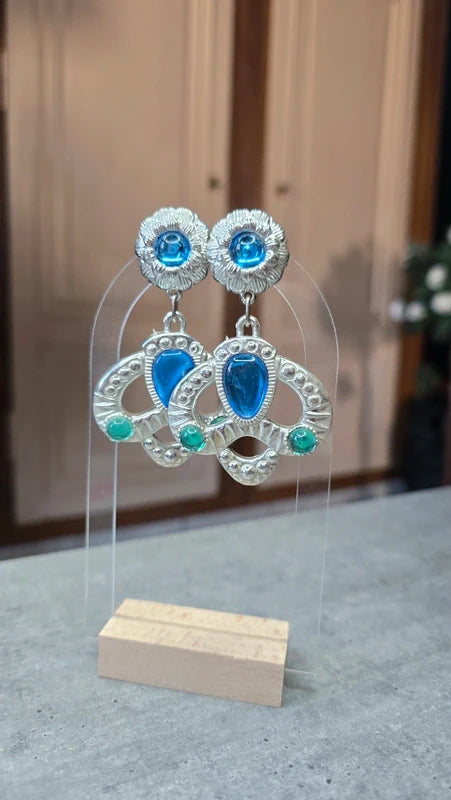 boucles d'oreilles vintage années 80 - rare - neuf - argenté bleu vert - effet princesse couronne fleurs - chic élégant légère