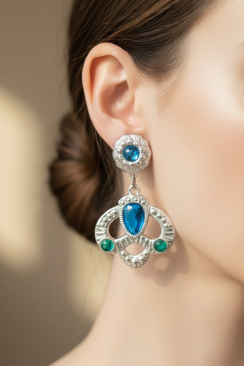 boucles d'oreilles vintage années 80 - rare - neuf - argenté bleu vert - effet princesse couronne fleurs - chic élégant légère
