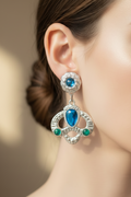 boucles d'oreilles vintage années 80 - rare - neuf - argenté bleu vert - effet princesse couronne fleurs - chic élégant légère