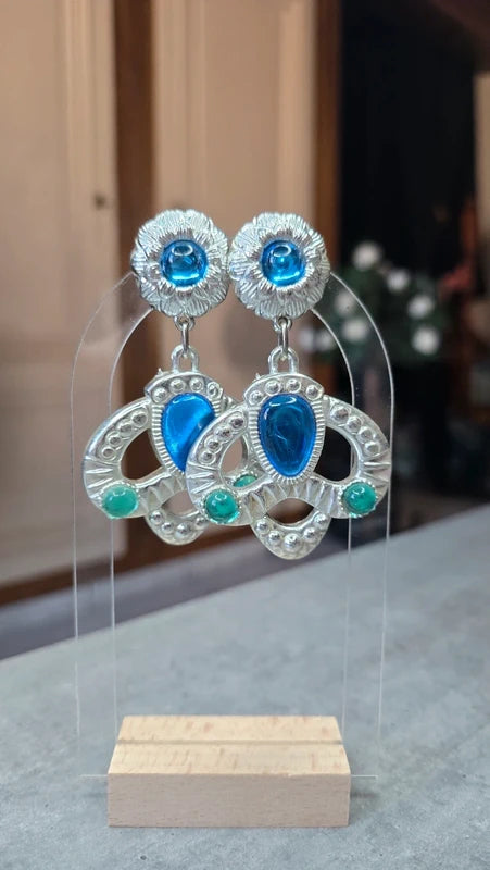 boucles d'oreilles vintage années 80 - rare - neuf - argenté bleu vert - effet princesse couronne fleurs - chic élégant légère