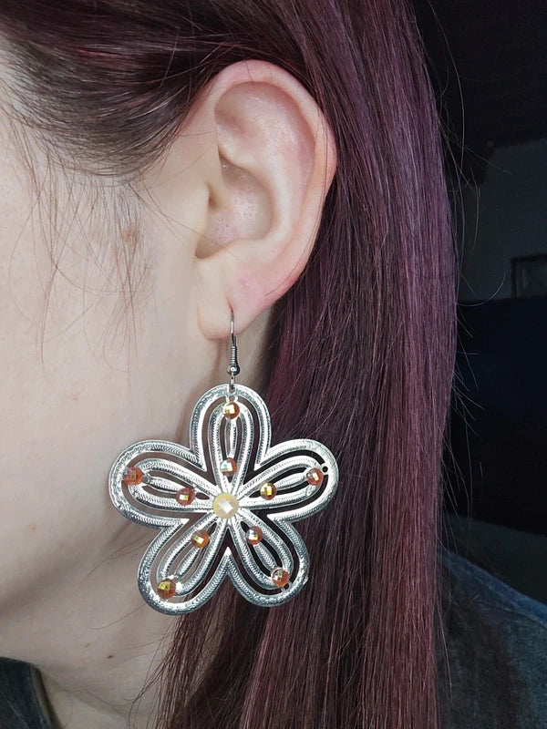 boucles d'oreilles vintage - Y2K années 2000 - fleurs - strass orange blanc argenté - légère pendante chic tendance