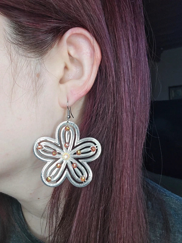 boucles d'oreilles vintage - Y2K années 2000 - fleurs - strass orange blanc argenté - légère pendante chic tendance