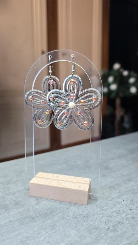 boucles d'oreilles vintage - Y2K années 2000 - fleurs - strass orange blanc argenté - légère pendante chic tendance