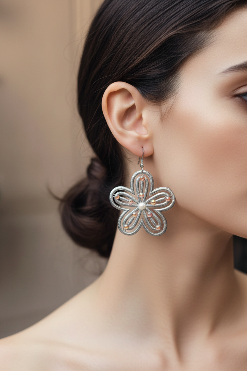 boucles d'oreilles vintage - Y2K années 2000 - fleurs - strass orange blanc argenté - légère pendante chic tendance