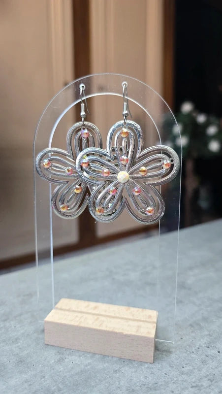 boucles d'oreilles vintage - Y2K années 2000 - fleurs - strass orange blanc argenté - légère pendante chic tendance