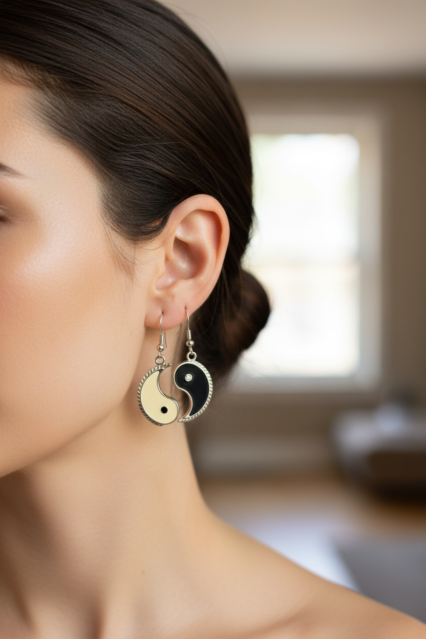 boucles d'oreilles vintage Y2K années 2000 - neuf - yin yang noir blanc strass - symbolique tendance légères