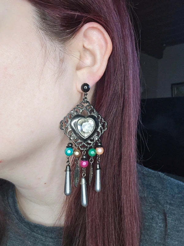 boucles d'oreilles vintage coeur noir strass perles pampilles charms légère chic tendance