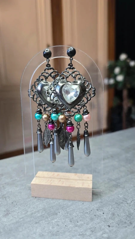 boucles d'oreilles vintage coeur noir strass perles pampilles charms légère chic tendance