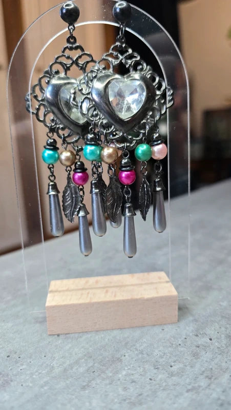 boucles d'oreilles vintage coeur noir strass perles pampilles charms légère chic tendance