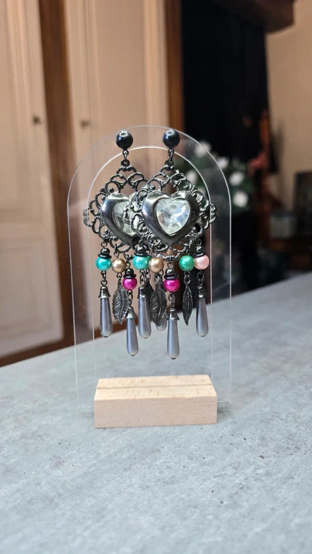 boucles d'oreilles vintage coeur noir strass perles pampilles charms légère chic tendance