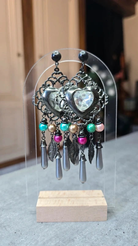 boucles d'oreilles vintage coeur noir strass perles pampilles charms légère chic tendance