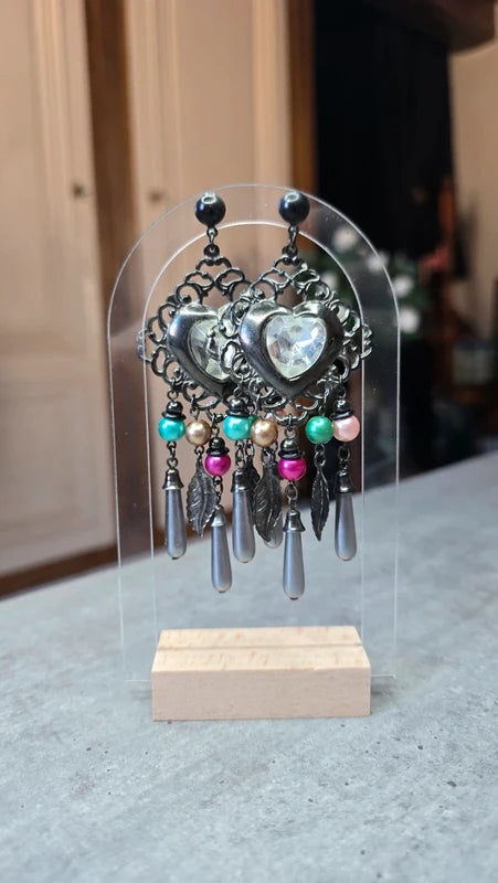 boucles d'oreilles vintage coeur noir strass perles pampilles charms légère chic tendance