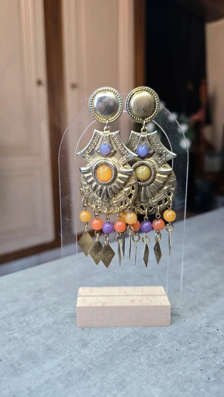 boucles d'oreilles vintage - doré argenté multicolore - perles pampilles - esprit égyptien antique - chic légère pendante