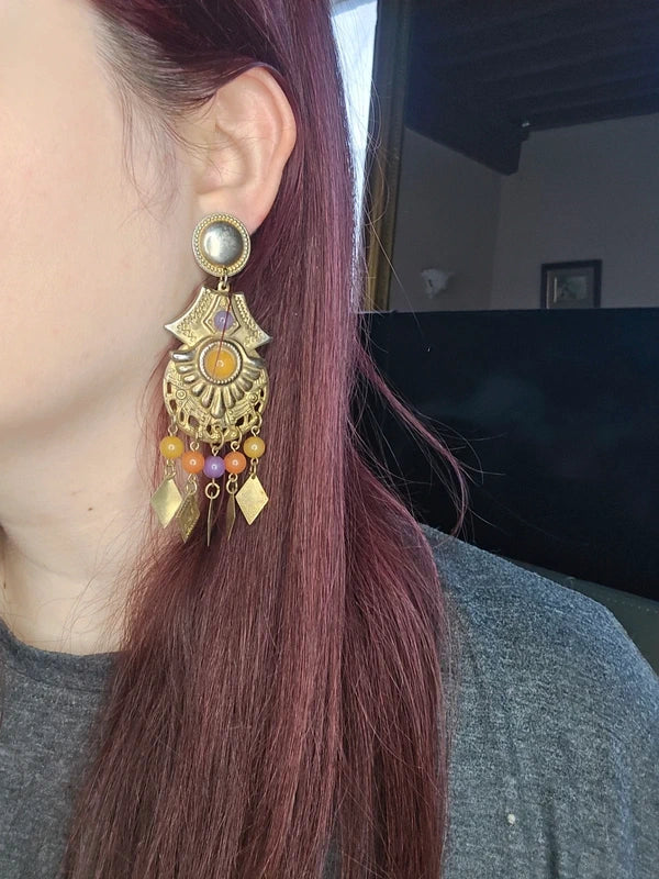boucles d'oreilles vintage - doré argenté multicolore - perles pampilles - esprit égyptien antique - chic légère pendante