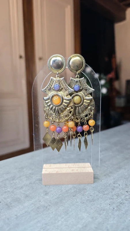 boucles d'oreilles vintage - doré argenté multicolore - perles pampilles - esprit égyptien antique - chic légère pendante